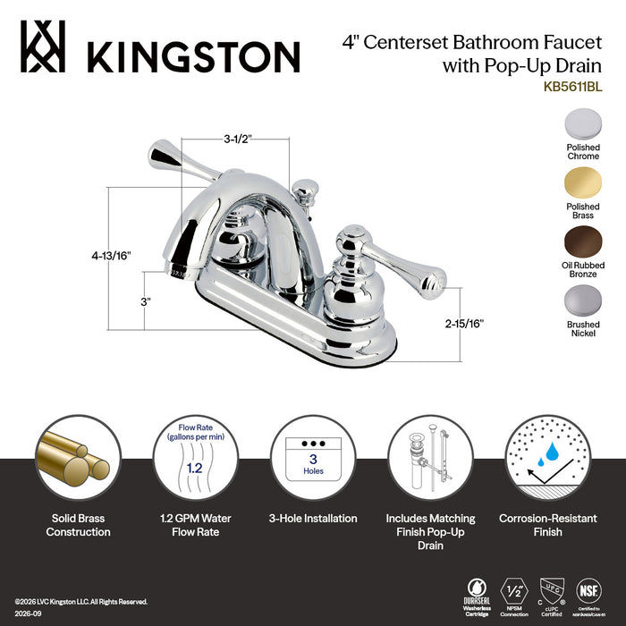 Kingston Tulare KB5612BL - Vintage Double-Handle 3-Hole Deck Mount 4-Inch Centerset Bathroom Faucet with Pop-Up Drain, Polished Brass