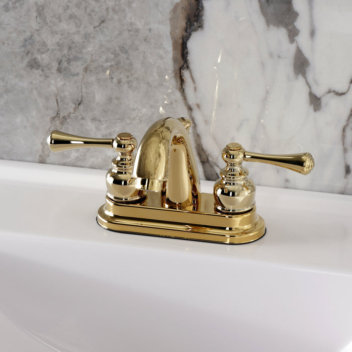 Kingston Tulare KB5612BL - Vintage Double-Handle 3-Hole Deck Mount 4-Inch Centerset Bathroom Faucet with Pop-Up Drain, Polished Brass