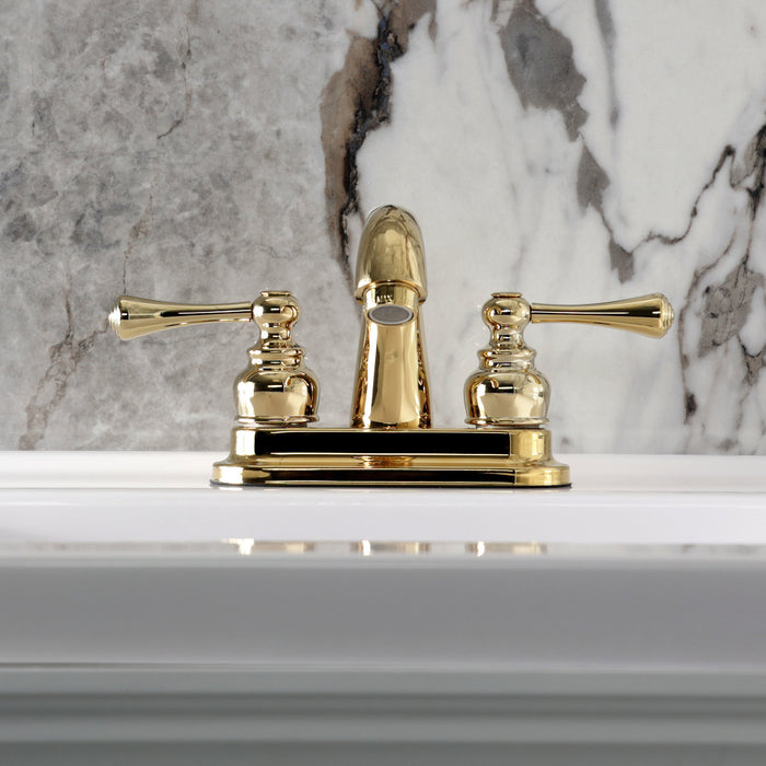 Kingston Tulare KB5612BL - Vintage Double-Handle 3-Hole Deck Mount 4-Inch Centerset Bathroom Faucet with Pop-Up Drain, Polished Brass
