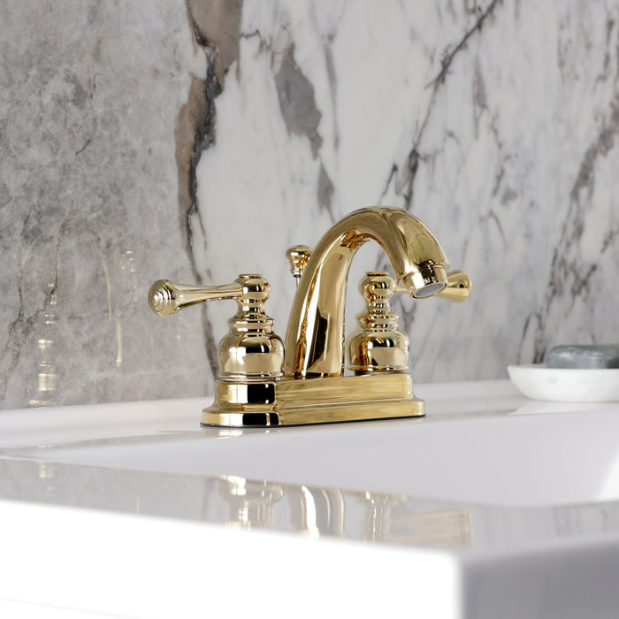 Kingston Tulare KB5612BL - Vintage Double-Handle 3-Hole Deck Mount 4-Inch Centerset Bathroom Faucet with Pop-Up Drain, Polished Brass