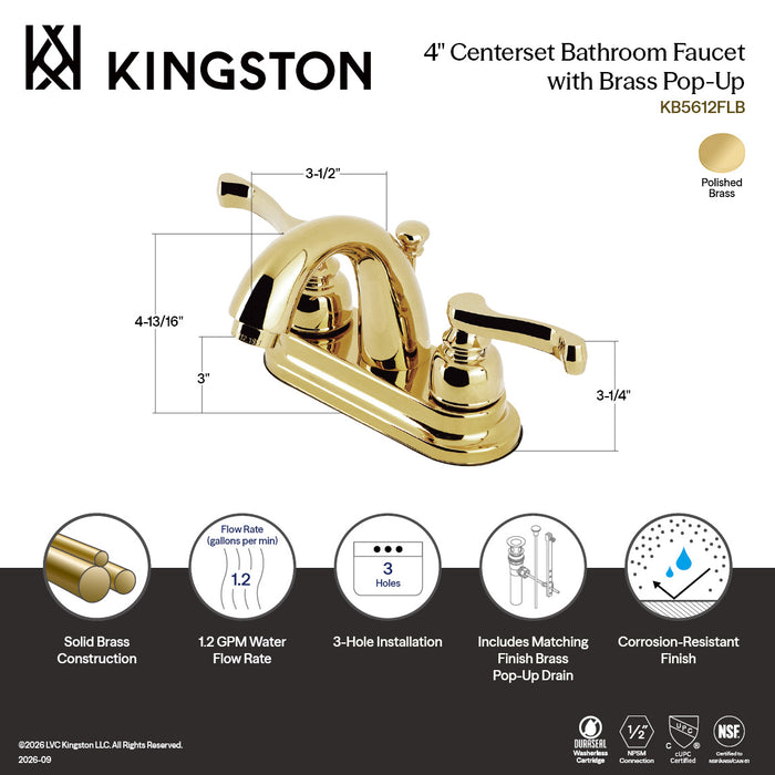 Kingston KB5612FLB Double-Handle 3-Hole Deck Mount 4-Inch Centerset Bathroom Faucet with Brass Pop-Up, Polished Brass