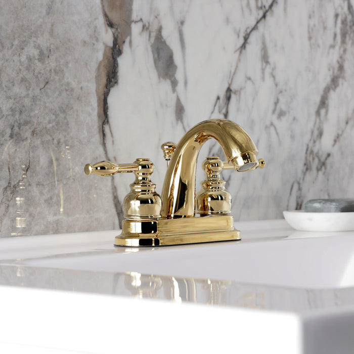 Kingston Tulare KB5612KL - Knight Double-Handle 3-Hole Deck Mount 4-Inch Centerset Bathroom Faucet with Pop-Up Drain, Polished Brass