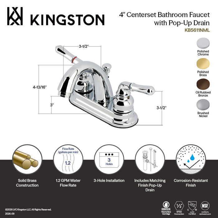Kingston Tulare KB5612NML - Naples Double-Handle 3-Hole Deck Mount 4-Inch Centerset Bathroom Faucet with Pop-Up Drain, Polished Brass