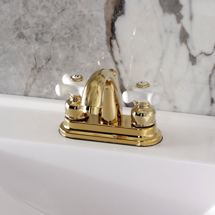Kingston Heirloom KB5612PX - Restoration Double-Handle 3-Hole Deck Mount 4-Inch Centerset Bathroom Faucet with Pop-Up Drain, Polished Brass