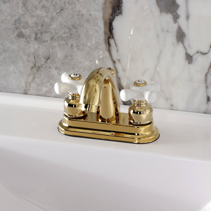 Restoration KB5612PX Two-Handle 3-Hole Deck Mount 4" Centerset Bathroom Faucet with Plastic Pop-Up, Polished Brass