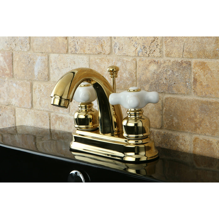 Restoration KB5612PX Two-Handle 3-Hole Deck Mount 4" Centerset Bathroom Faucet with Plastic Pop-Up, Polished Brass