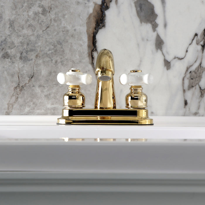 Kingston Heirloom KB5612PX - Restoration Double-Handle 3-Hole Deck Mount 4-Inch Centerset Bathroom Faucet with Pop-Up Drain, Polished Brass
