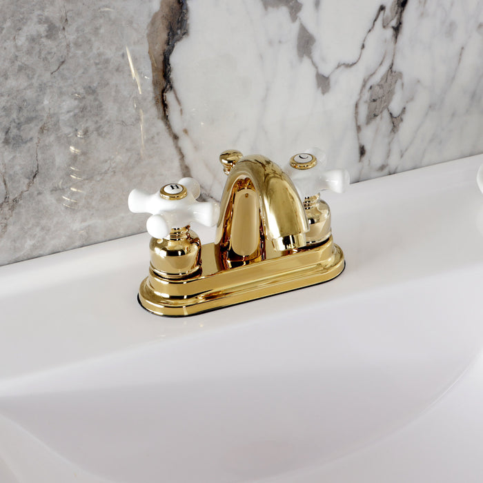 Kingston Heirloom KB5612PX - Restoration Double-Handle 3-Hole Deck Mount 4-Inch Centerset Bathroom Faucet with Pop-Up Drain, Polished Brass
