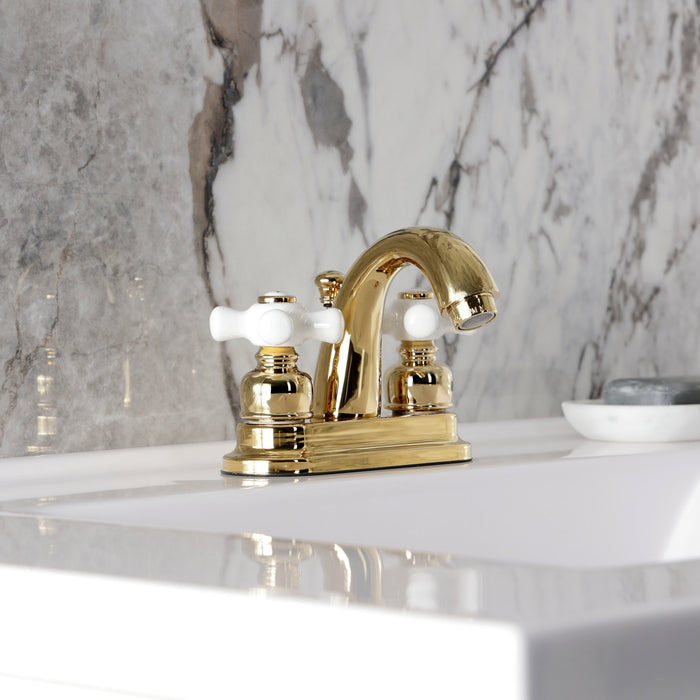 Kingston Heirloom KB5612PX - Restoration Double-Handle 3-Hole Deck Mount 4-Inch Centerset Bathroom Faucet with Pop-Up Drain, Polished Brass