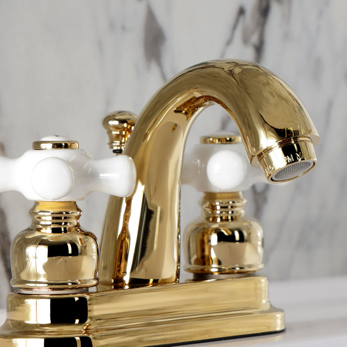 Kingston Heirloom KB5612PX - Restoration Double-Handle 3-Hole Deck Mount 4-Inch Centerset Bathroom Faucet with Pop-Up Drain, Polished Brass