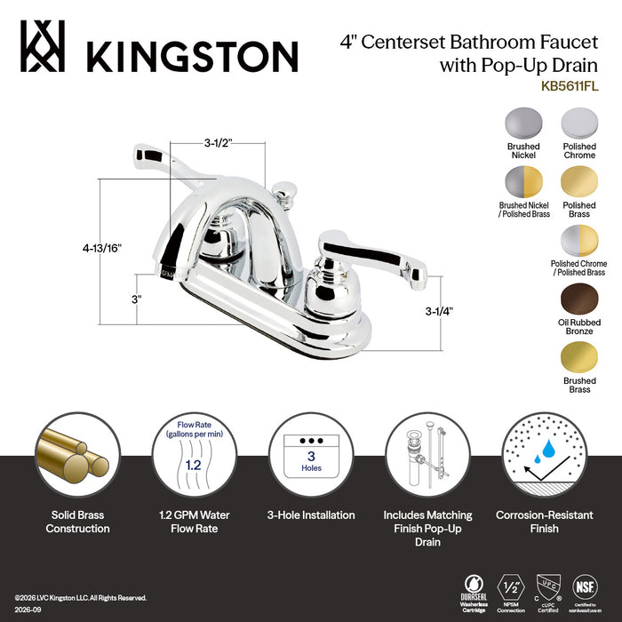 Kingston Tulare KB5614FL - Royale Double-Handle 3-Hole Deck Mount 4-Inch Centerset Bathroom Faucet with Pop-Up Drain, Polished Chrome/Polished Brass