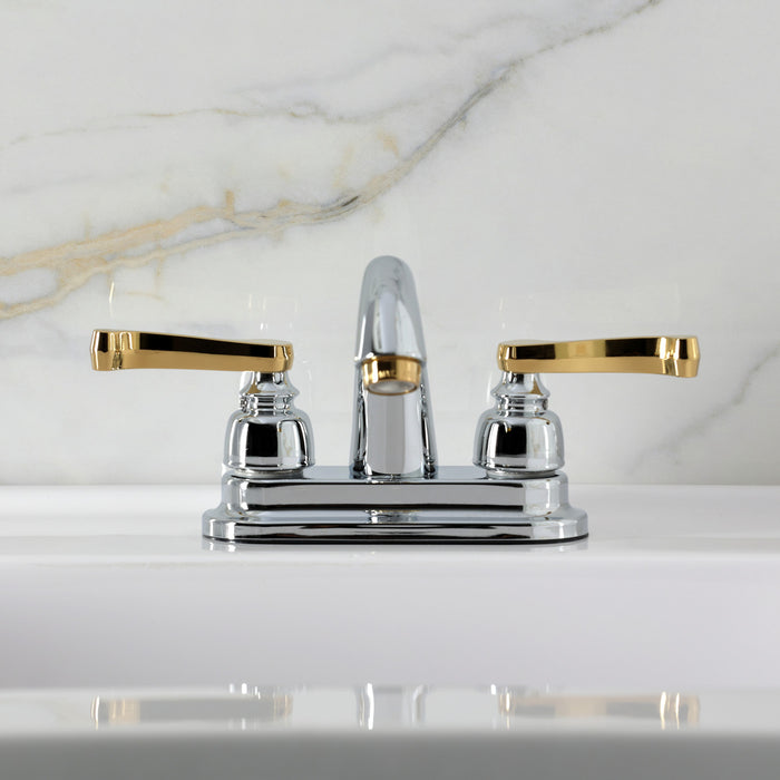Kingston Tulare KB5614FL - Royale Double-Handle 3-Hole Deck Mount 4-Inch Centerset Bathroom Faucet with Pop-Up Drain, Polished Chrome/Polished Brass