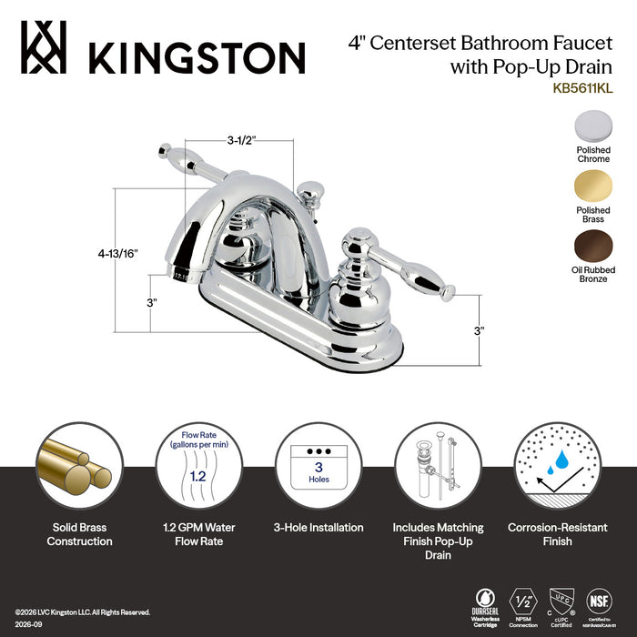 Kingston Tulare KB5615KL - Knight Double-Handle 3-Hole Deck Mount 4-Inch Centerset Bathroom Faucet with Pop-Up Drain, Oil Rubbed Bronze