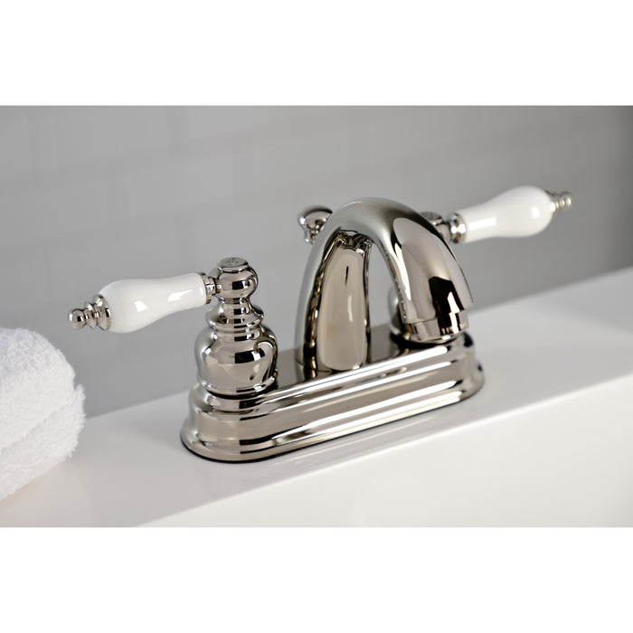 Kingston Heirloom KB5616PL - Restoration Double-Handle 3-Hole Deck Mount 4-Inch Centerset Bathroom Faucet with Pop-Up Drain, Polished Nickel