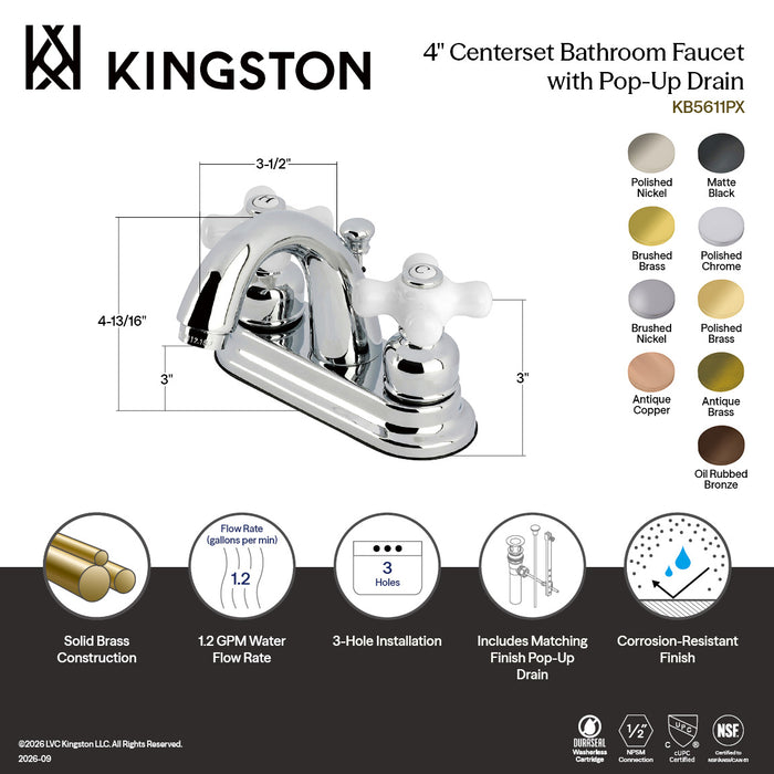 Kingston Heirloom KB5616PX - Restoration Double-Handle 3-Hole Deck Mount 4-Inch Centerset Bathroom Faucet with Pop-Up Drain, Polished Nickel