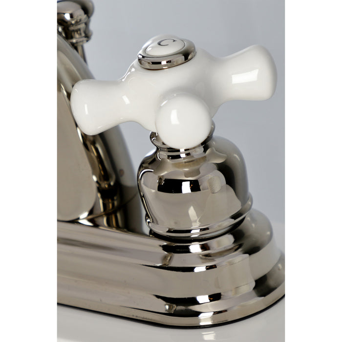Kingston Heirloom KB5616PX - Restoration Double-Handle 3-Hole Deck Mount 4-Inch Centerset Bathroom Faucet with Pop-Up Drain, Polished Nickel