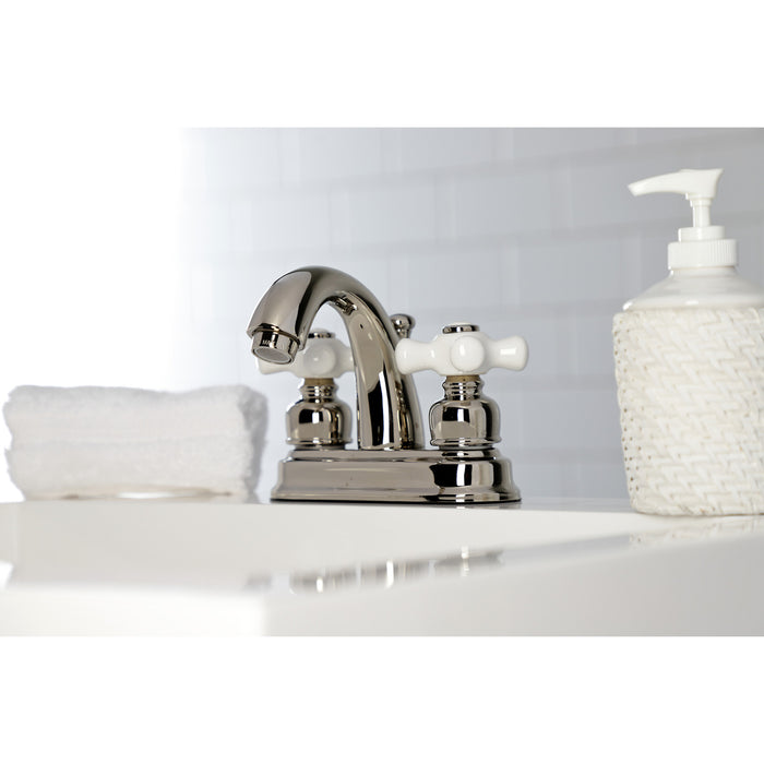 Kingston Heirloom KB5616PX - Restoration Double-Handle 3-Hole Deck Mount 4-Inch Centerset Bathroom Faucet with Pop-Up Drain, Polished Nickel