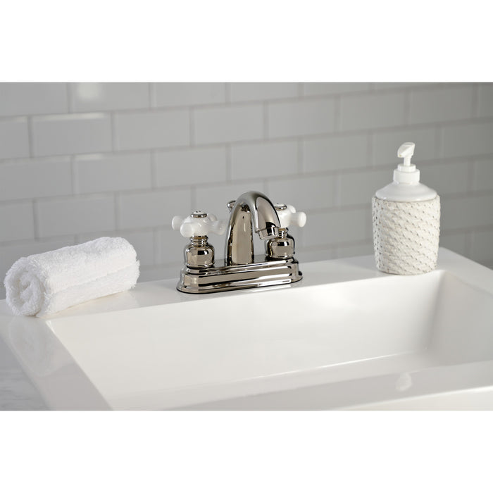 Kingston Heirloom KB5616PX - Restoration Double-Handle 3-Hole Deck Mount 4-Inch Centerset Bathroom Faucet with Pop-Up Drain, Polished Nickel