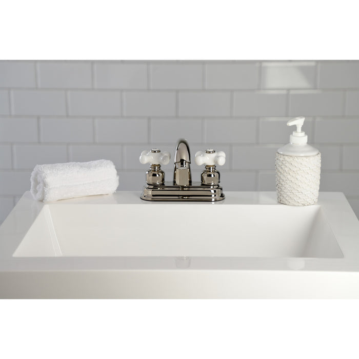 Kingston Heirloom KB5616PX - Restoration Double-Handle 3-Hole Deck Mount 4-Inch Centerset Bathroom Faucet with Pop-Up Drain, Polished Nickel