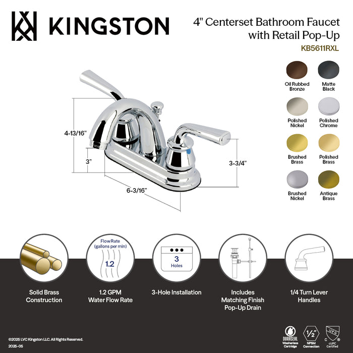 Kingston Tulare KB5616RXL - Restoration Double-Handle 3-Hole Deck Mount 4-Inch Centerset Bathroom Faucet with Pop-Up Drain, Polished Nickel