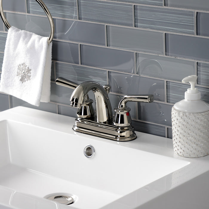 Kingston Tulare KB5616RXL - Restoration Double-Handle 3-Hole Deck Mount 4-Inch Centerset Bathroom Faucet with Pop-Up Drain, Polished Nickel