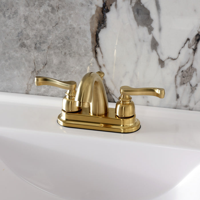 Kingston Tulare KB5617FL - Royale Double-Handle 3-Hole Deck Mount 4-Inch Centerset Bathroom Faucet with Pop-Up Drain, Brushed Brass