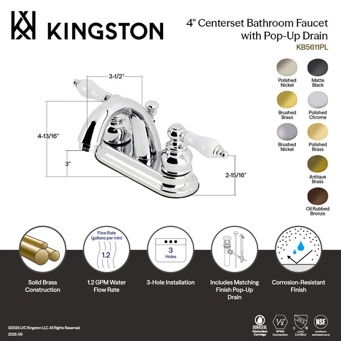 Kingston Heirloom KB5617PL - Restoration Double-Handle 3-Hole Deck Mount 4-Inch Centerset Bathroom Faucet with Pop-Up Drain, Brushed Brass