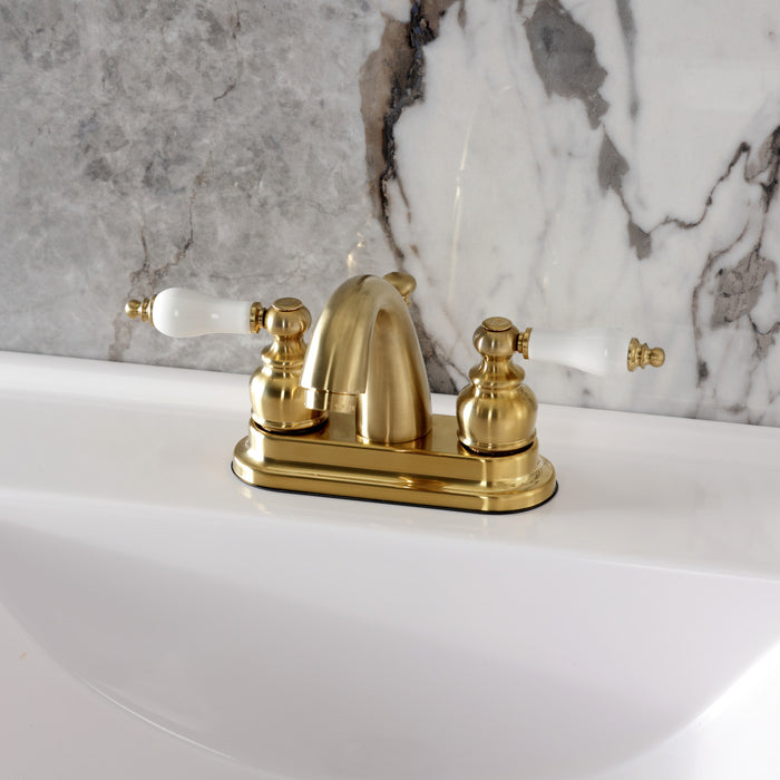 Kingston Heirloom KB5617PL - Restoration Double-Handle 3-Hole Deck Mount 4-Inch Centerset Bathroom Faucet with Pop-Up Drain, Brushed Brass