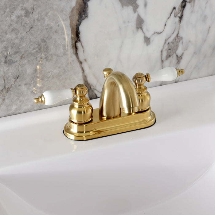 Kingston Heirloom KB5617PL - Restoration Double-Handle 3-Hole Deck Mount 4-Inch Centerset Bathroom Faucet with Pop-Up Drain, Brushed Brass
