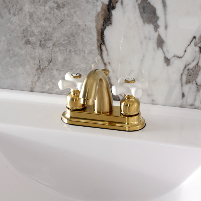 Kingston Heirloom KB5617PX - Restoration Double-Handle 3-Hole Deck Mount 4-Inch Centerset Bathroom Faucet with Pop-Up Drain, Brushed Brass