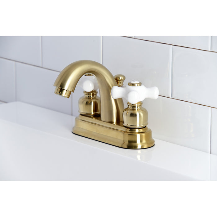 Restoration KB5617PX Two-Handle 3-Hole Deck Mount 4" Centerset Bathroom Faucet with Plastic Pop-Up, Brushed Brass