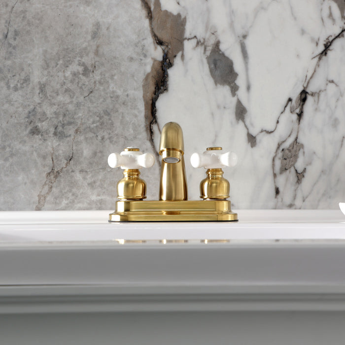 Kingston Heirloom KB5617PX - Restoration Double-Handle 3-Hole Deck Mount 4-Inch Centerset Bathroom Faucet with Pop-Up Drain, Brushed Brass