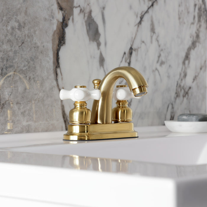 Kingston Heirloom KB5617PX - Restoration Double-Handle 3-Hole Deck Mount 4-Inch Centerset Bathroom Faucet with Pop-Up Drain, Brushed Brass