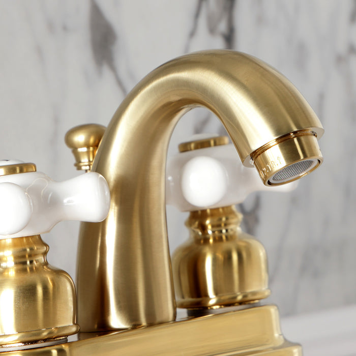 Kingston Heirloom KB5617PX - Restoration Double-Handle 3-Hole Deck Mount 4-Inch Centerset Bathroom Faucet with Pop-Up Drain, Brushed Brass