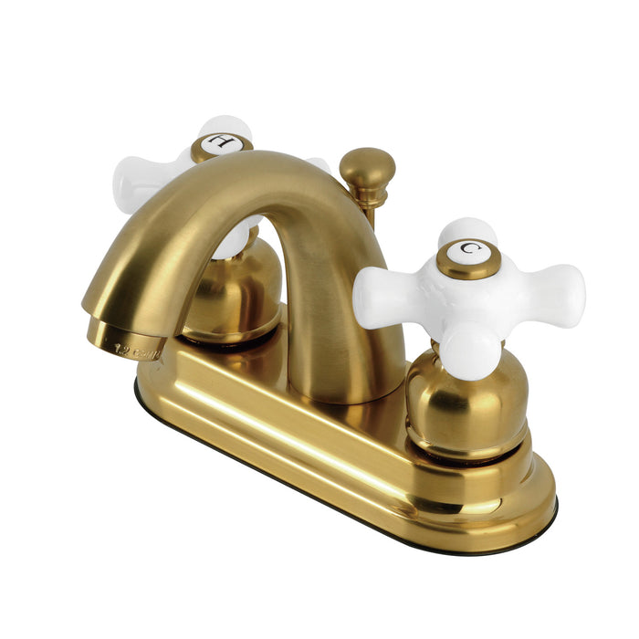 Restoration KB5617PX Two-Handle 3-Hole Deck Mount 4" Centerset Bathroom Faucet with Plastic Pop-Up, Brushed Brass