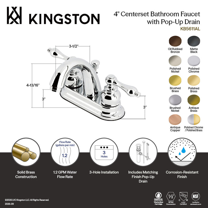 Kingston Heirloom KB5618AL - Restoration Double-Handle 3-Hole Deck Mount 4-Inch Centerset Bathroom Faucet with Pop-Up Drain, Brushed Nickel
