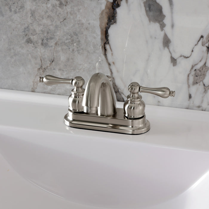 Kingston Heirloom KB5618AL - Restoration Double-Handle 3-Hole Deck Mount 4-Inch Centerset Bathroom Faucet with Pop-Up Drain, Brushed Nickel