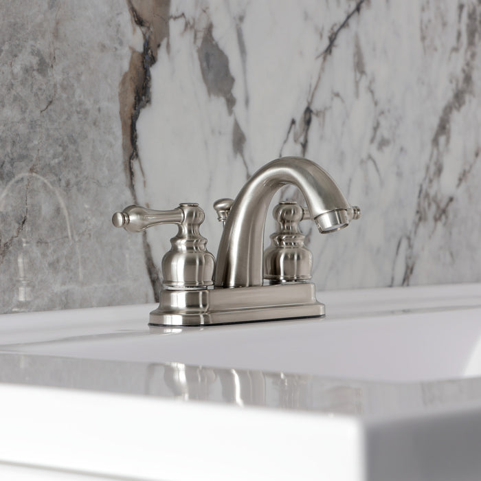 Kingston Heirloom KB5618AL - Restoration Double-Handle 3-Hole Deck Mount 4-Inch Centerset Bathroom Faucet with Pop-Up Drain, Brushed Nickel