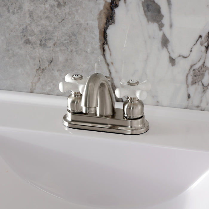 Kingston Heirloom KB5618PX - Restoration Double-Handle 3-Hole Deck Mount 4-Inch Centerset Bathroom Faucet with Pop-Up Drain, Brushed Nickel