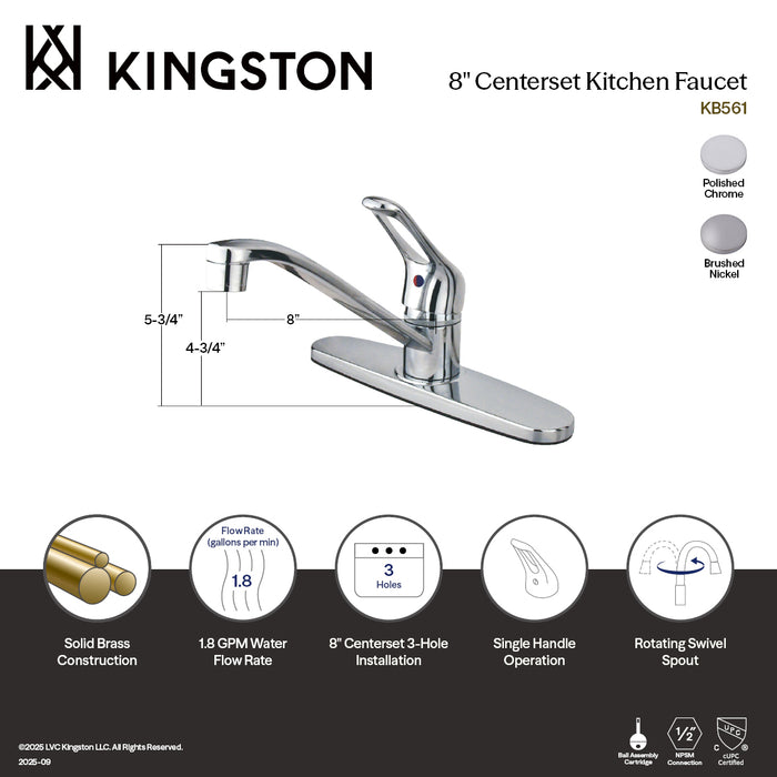 Kingston Tulare KB561SN - Wyndham One-Handle 3-Hole 8" Centerset Kitchen Faucet, Brushed Nickel