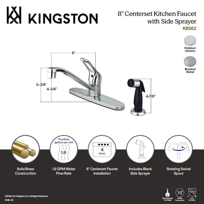 Kingston Wyndham KB562 One-Handle 4-Hole 8" Centerset Kitchen Faucet with Side Sprayer, Polished Chrome