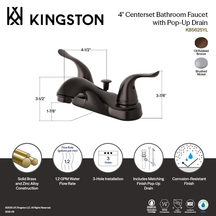 Kingston Tulare KB5628YL - Yosemite Double-Handle 3-Hole Deck Mount 4-Inch Centerset Bathroom Faucet with Pop-Up Drain, Brushed Nickel