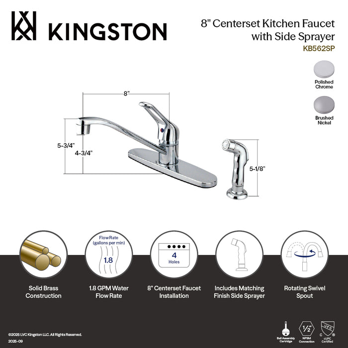 Kingston Wyndham KB562SNSP One-Handle 4-Hole 8" Centerset Kitchen Faucet with Side Sprayer, Brushed Nickel