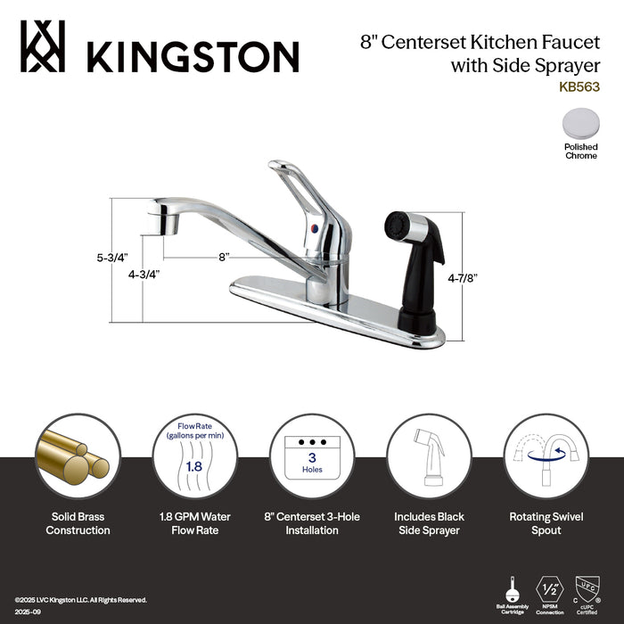 Kingston Tulare KB563 - Wyndham One-Handle 3-Hole 8" Centerset Kitchen Faucet with Side Sprayer, Polished Chrome