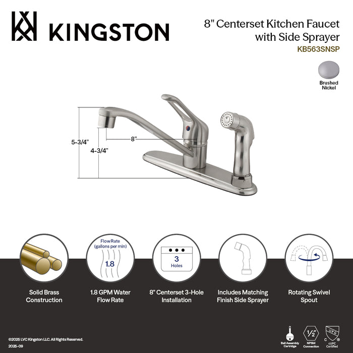 Kingston Tulare KB563SNSP - Wyndham One-Handle 3-Hole 8" Centerset Kitchen Faucet with Side Sprayer, Brushed Nickel