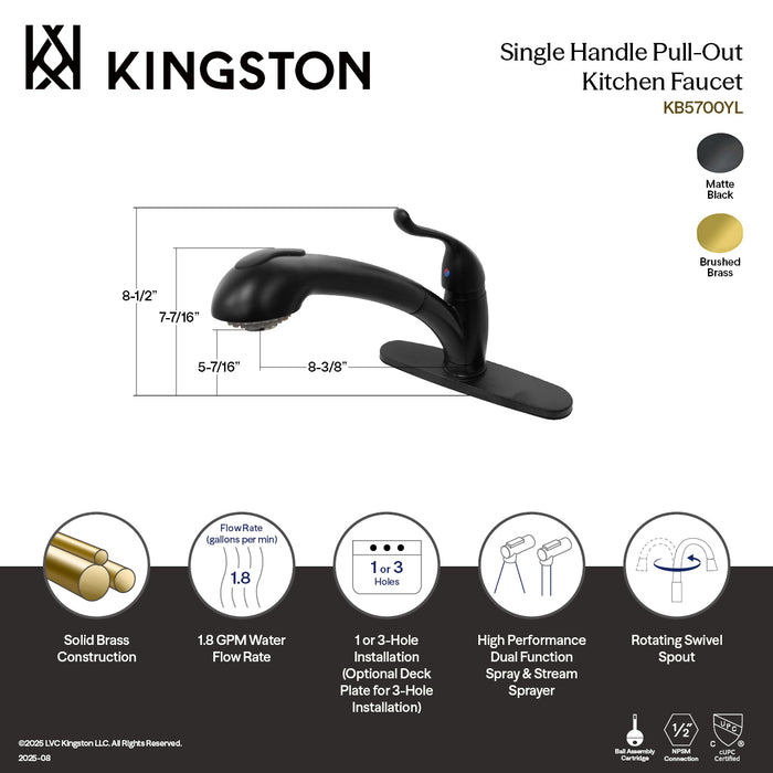 Kingston Tulare KB5700YL - Yosemite Single-Handle 1-or-3 Hole Deck Mount Pull-Out Sprayer Kitchen Faucet, Matte Black