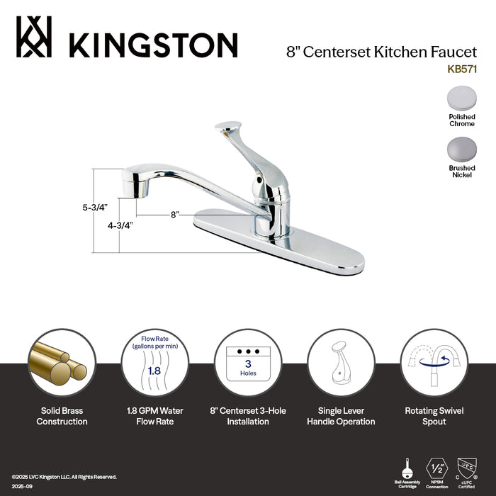 Kingston Tulare KB571SN - Chatham One-Handle 3-Hole 8" Centerset Kitchen Faucet, Brushed Nickel