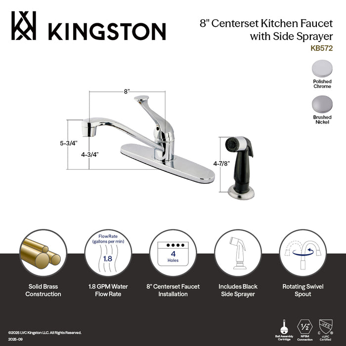 Kingston Tulare KB572 - Chatham One-Handle 4-Hole 8" Centerset Kitchen Faucet with Side Sprayer, Polished Chrome
