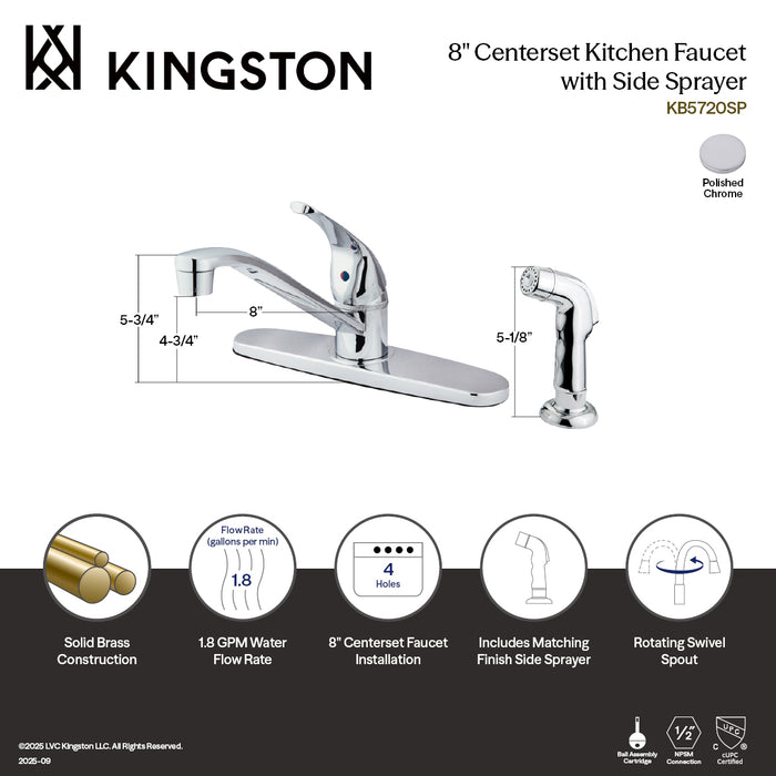 Kingston KB5720SP One-Handle 4-Hole 8" Centerset Kitchen Faucet with Side Sprayer, Polished Chrome
