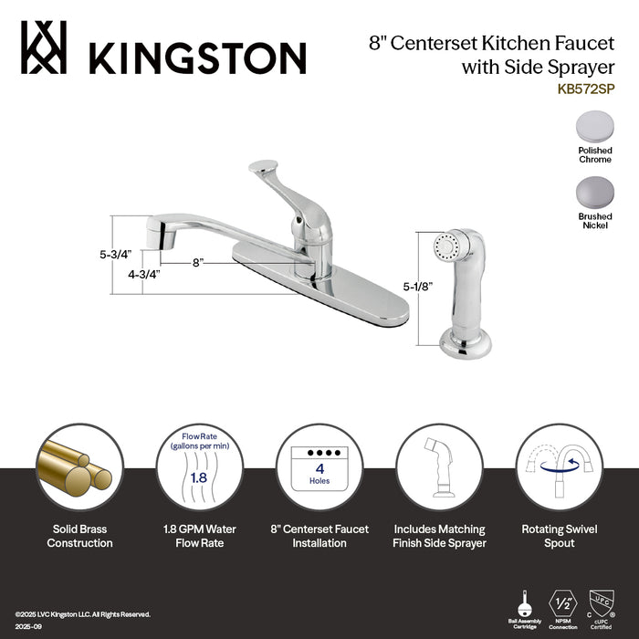 Kingston Tulare KB572SNSPOne-Handle 4-Hole 8" Centerset Kitchen Faucet with Side Sprayer, Brushed Nickel